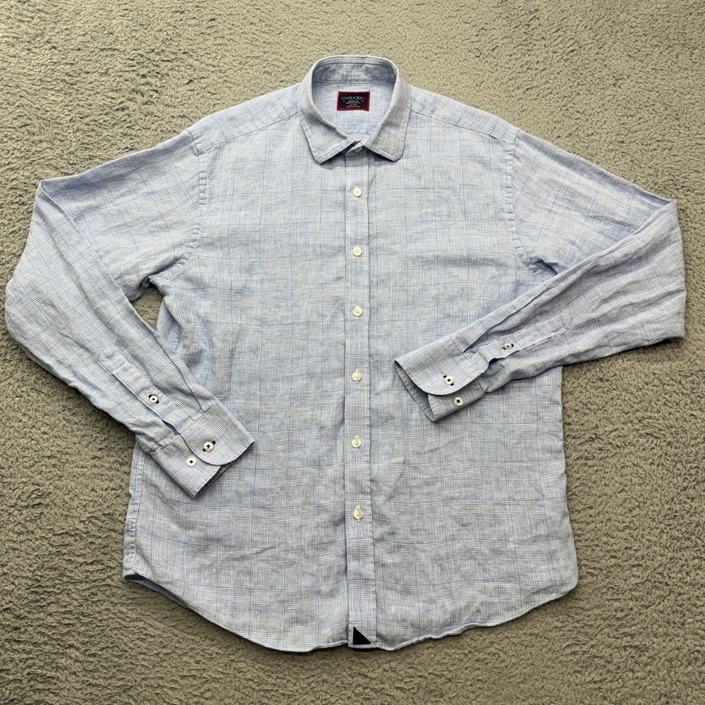 UNTUCKit Torontel WR Linen Shirt Mens M Reg Blue Glencheck Wrinkle Resistant LS